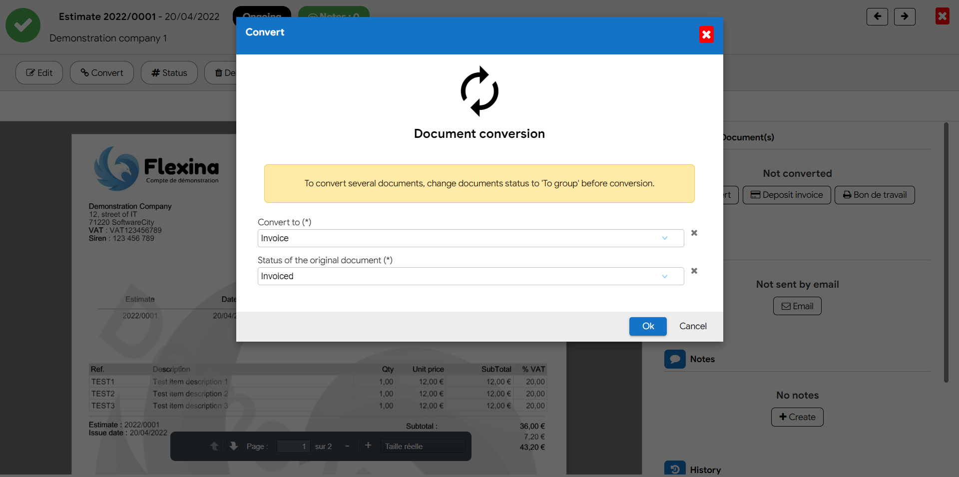 Easy commercial management with conversion of estimates into invoices