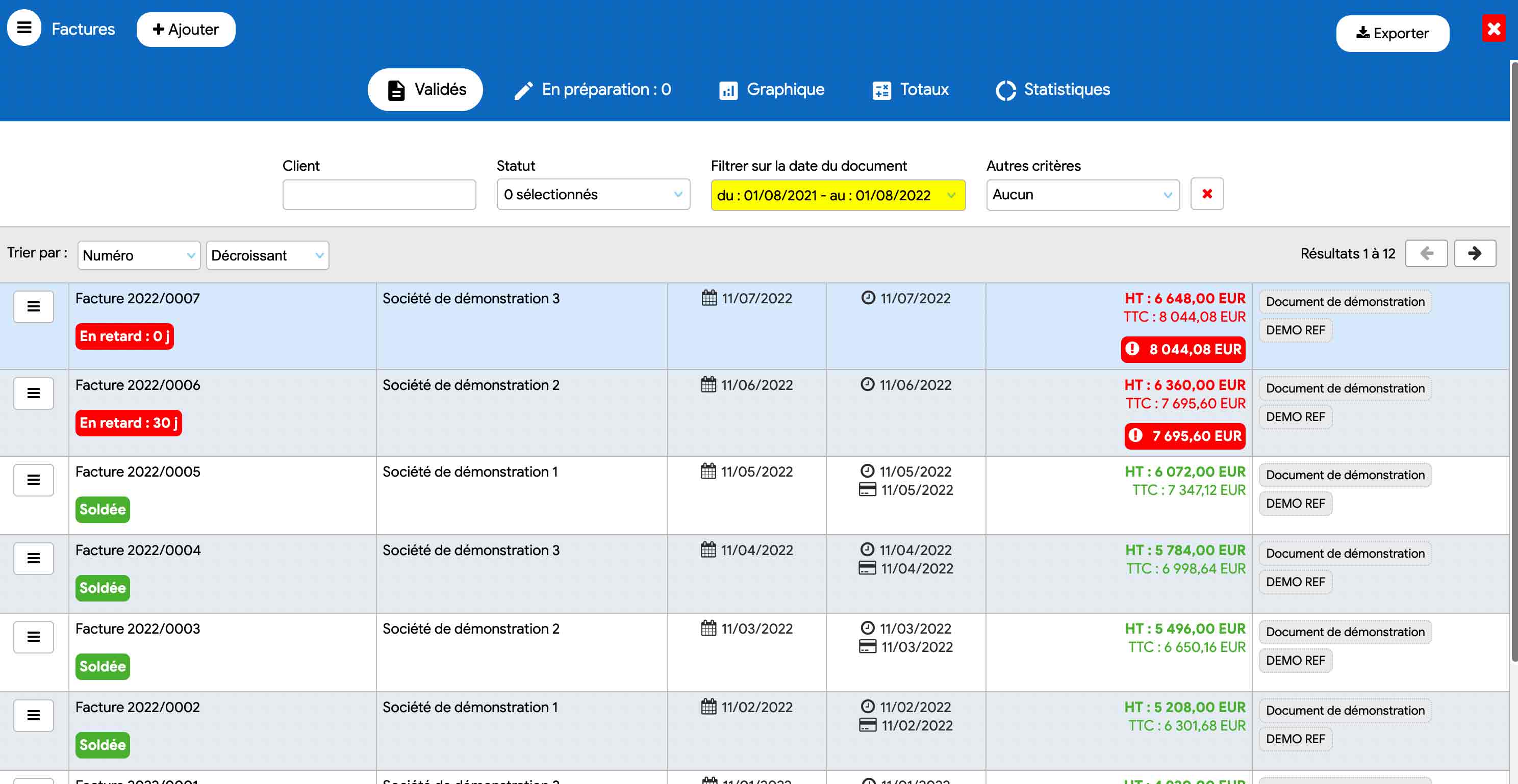 Liste des factures de prestations de services avec statuts des paiements et critères de recherche