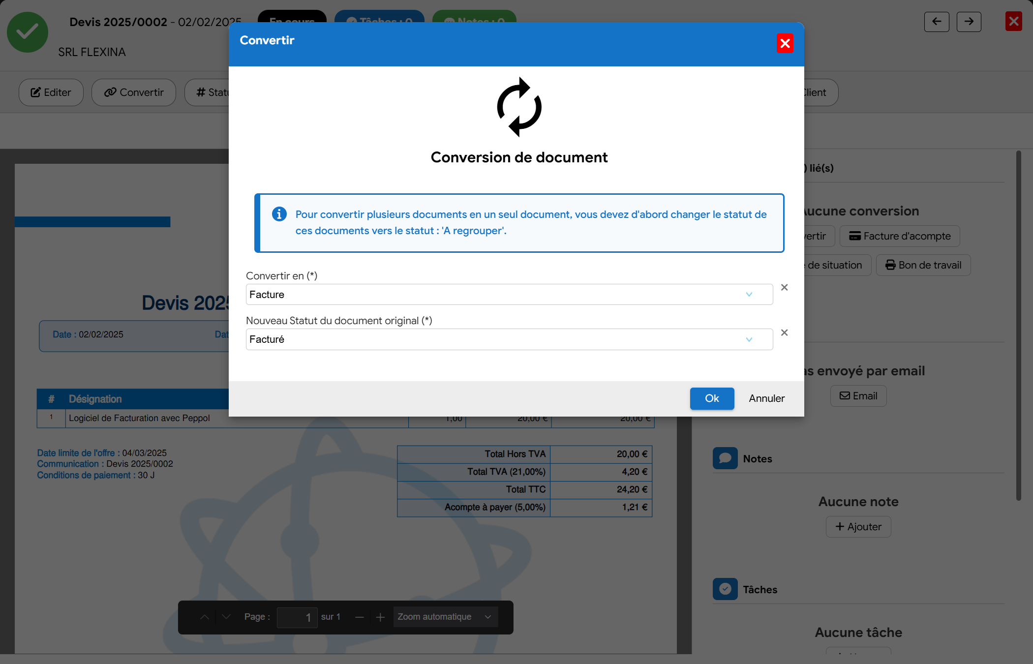 Automatic quote to invoice conversion in Flexina business management software