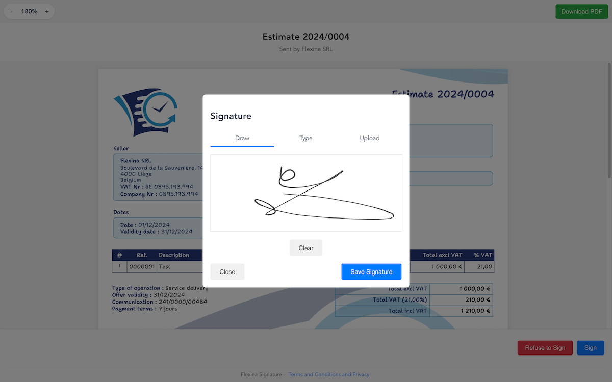 Electronic signature of quotes and purchase orders with real-time tracking