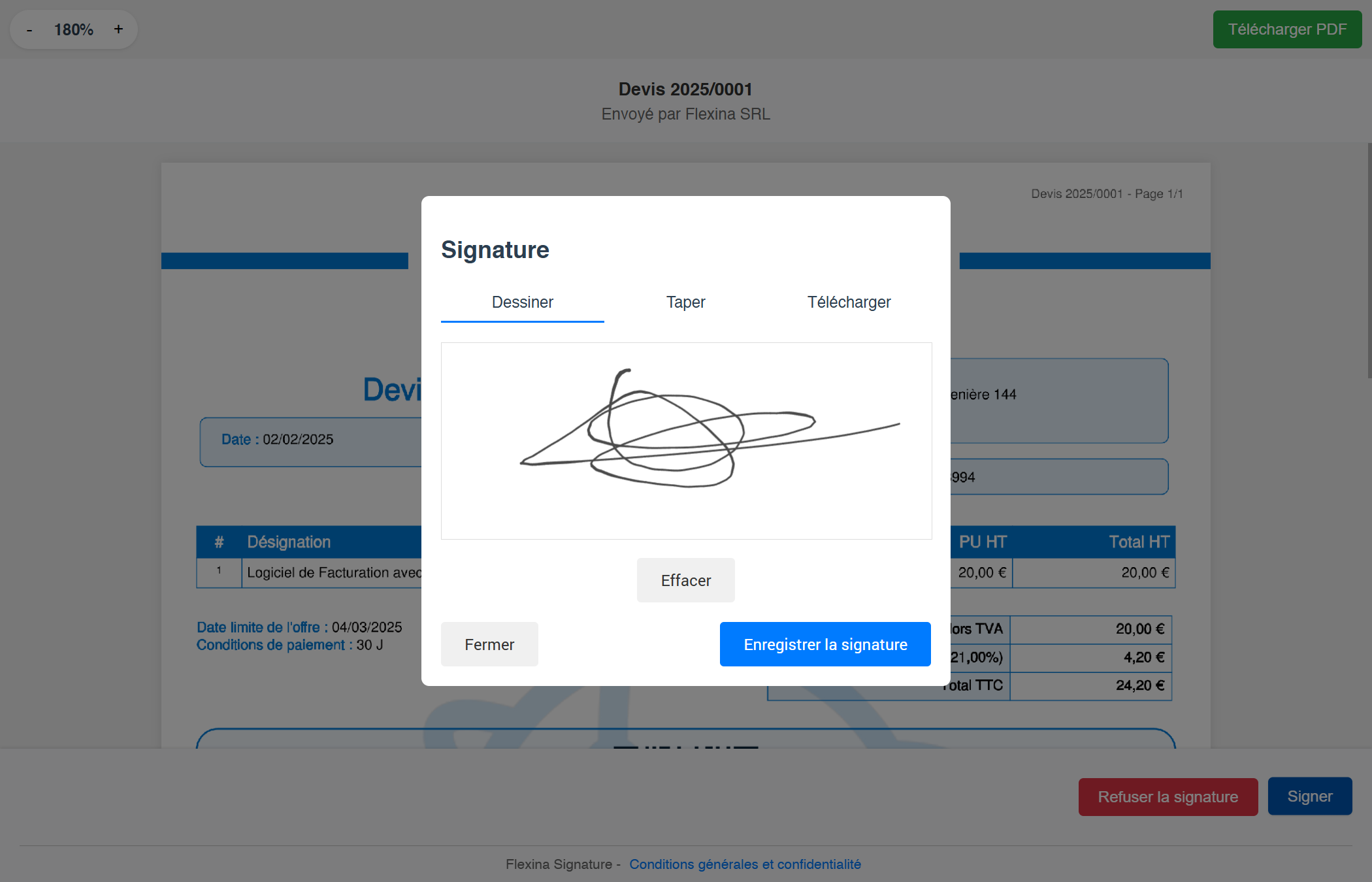 Interface de signature électronique pour devis et bons de commande Flexina