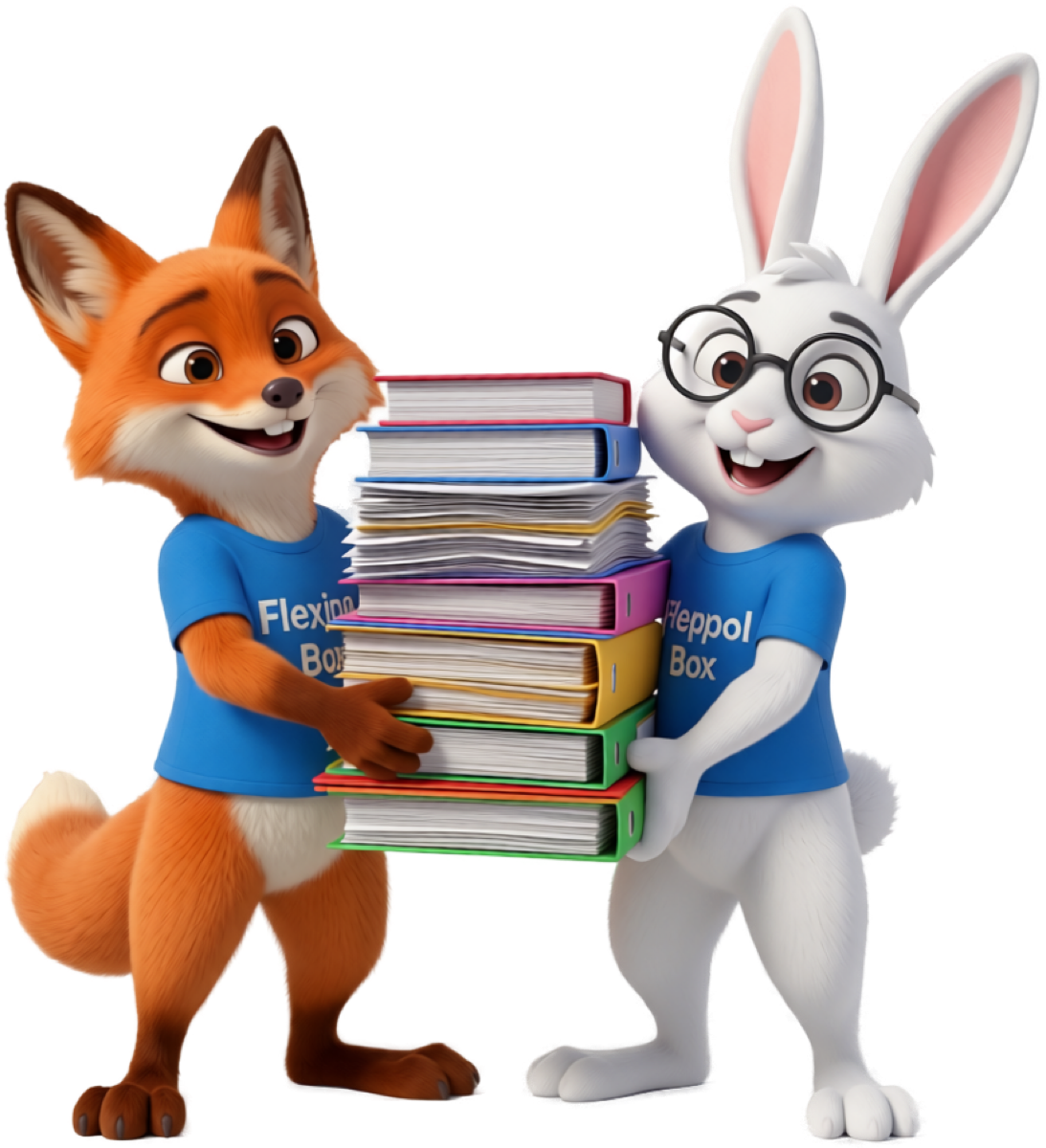 Les mascottes Flexina (renard) et Peppol Box (lapin) apportent une pile de factures au comptable