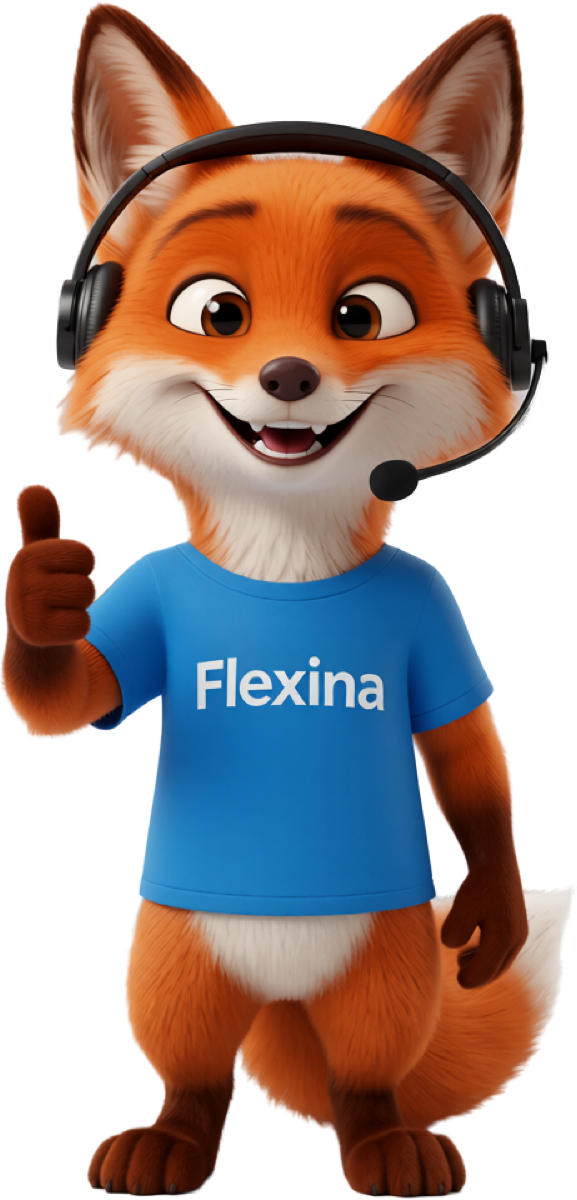 L'équipe support Flexina, représentée par la mascotte renard avec un casque-micro, prend en charge les questions techniques de vos clients