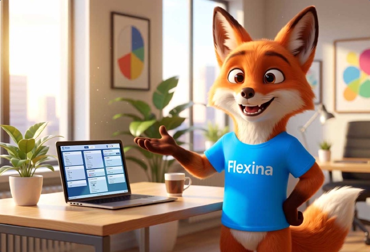 Flexina, logiciel de facturation belge avec Peppol — la mascotte renard présente le tableau de bord