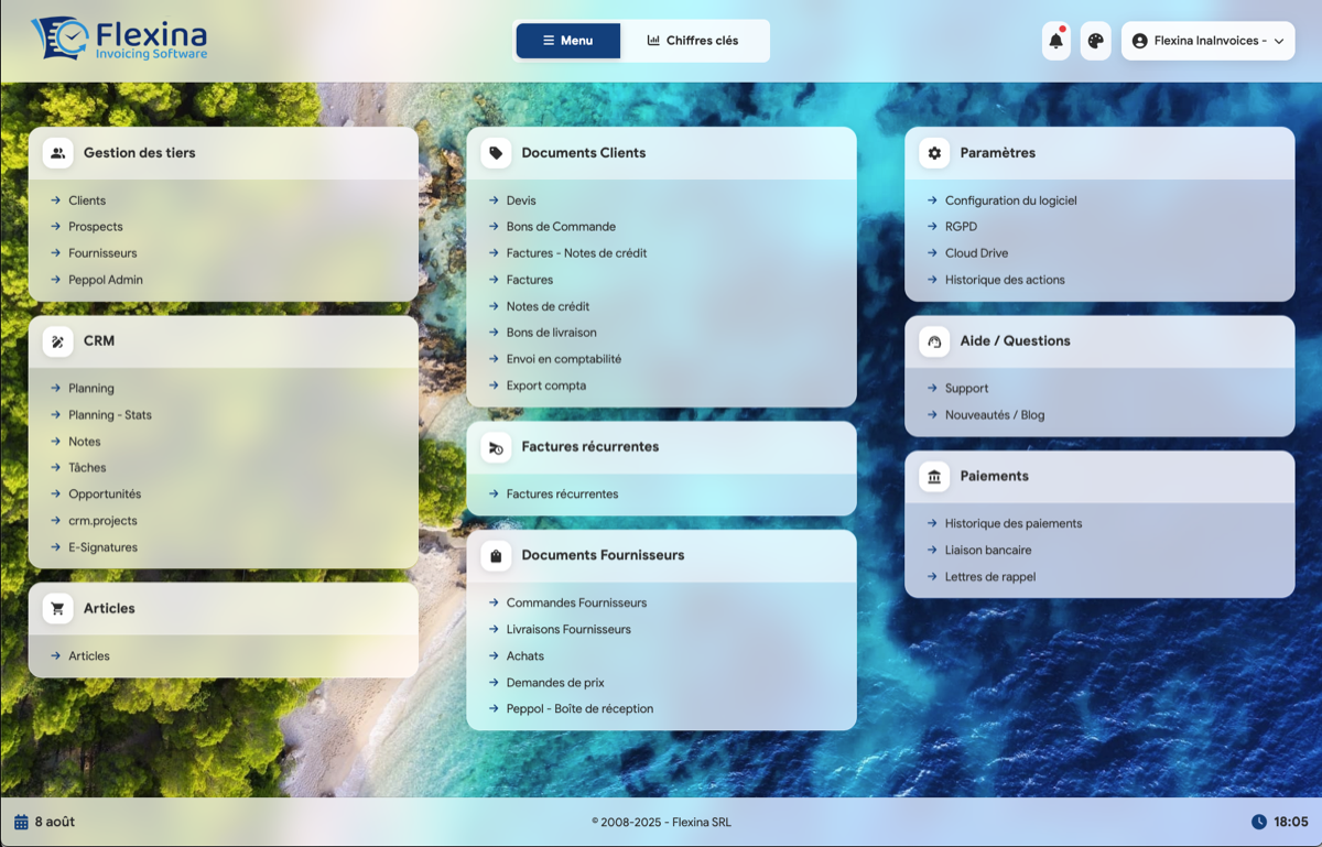 Interface du logiciel de facturation en ligne Flexina pour la Belgique