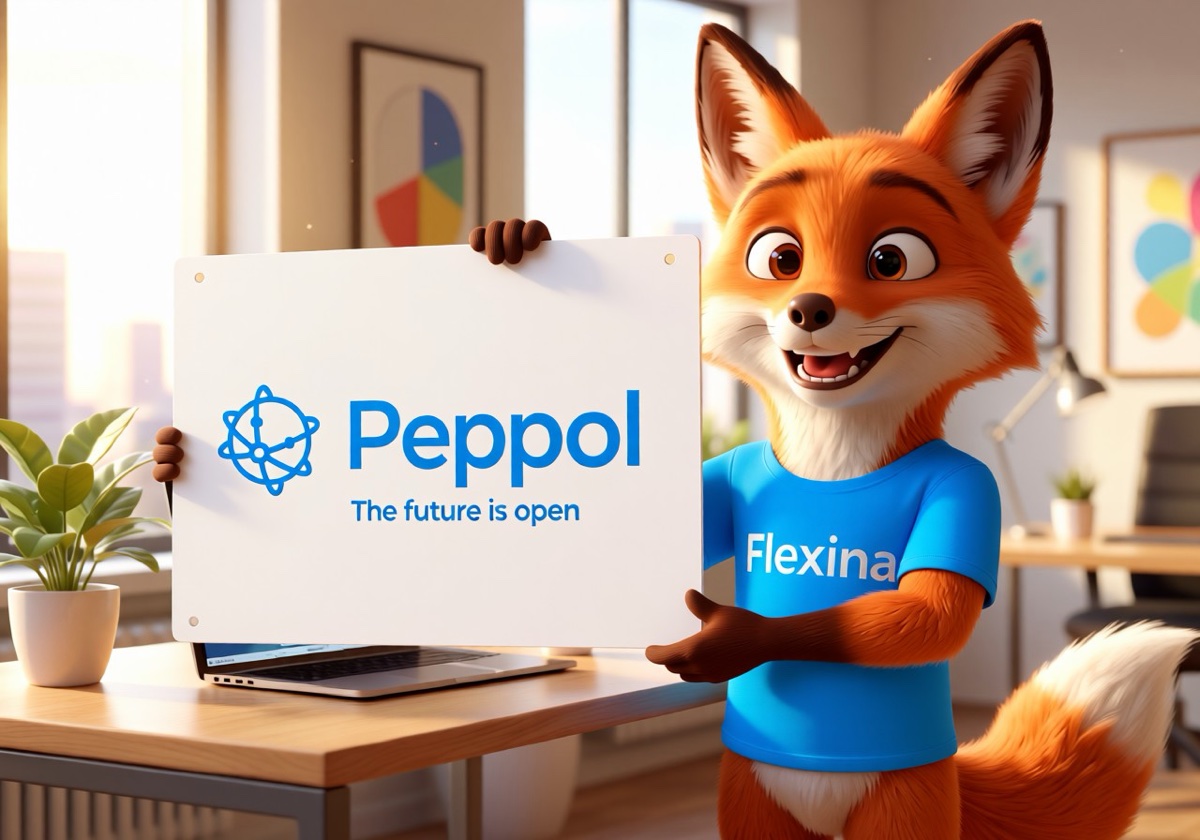 Flexina, Peppol e-facturatiesoftware in België — de vos-mascotte toont het Peppol-netwerk