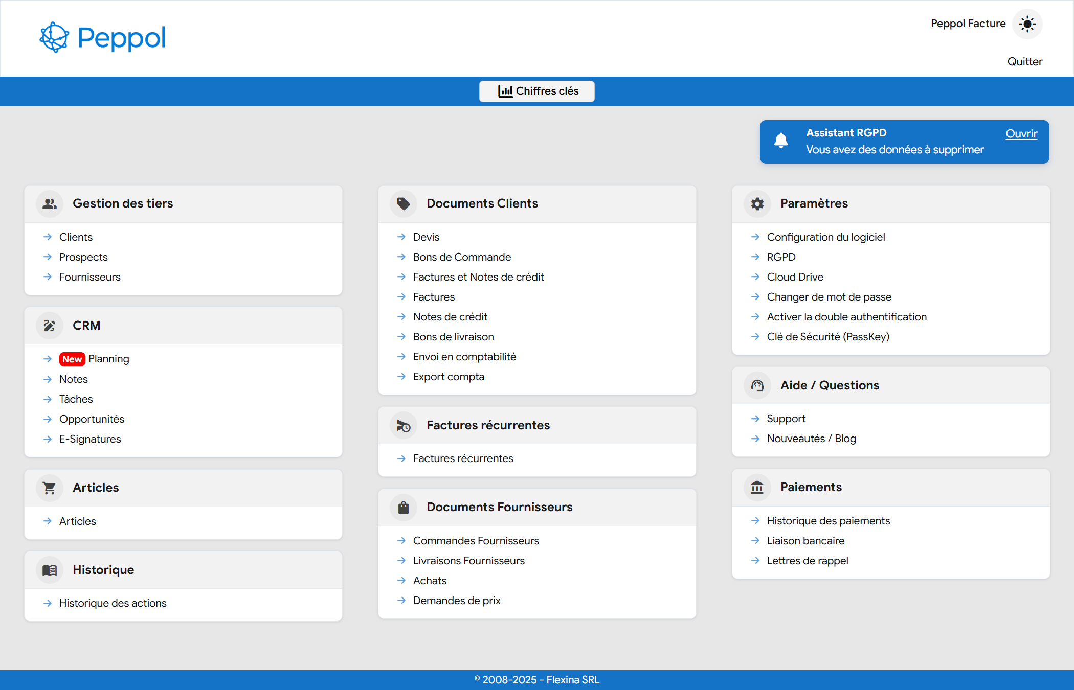Interface van de online factureringssoftware Flexina voor België